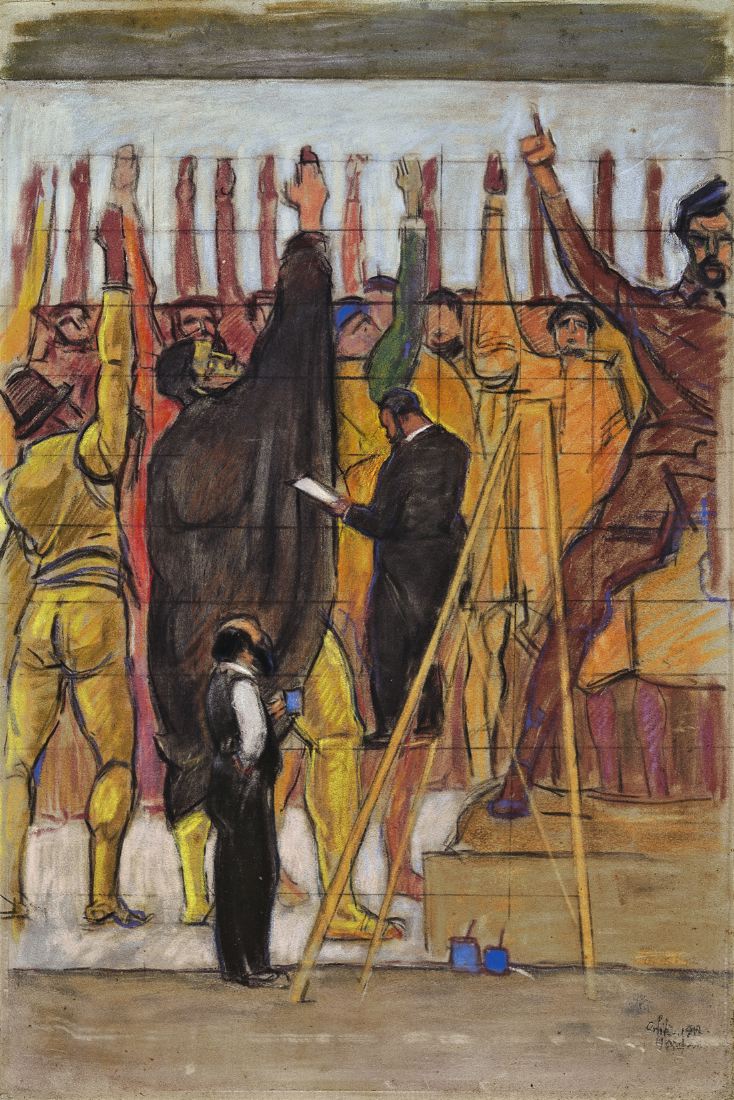 Emil Orlik, Ferdinand Hodler bei der Arbeit am Hannoveraner Wandbild. 1913. Pastell auf Karton. 74,6 x 49,7 cm